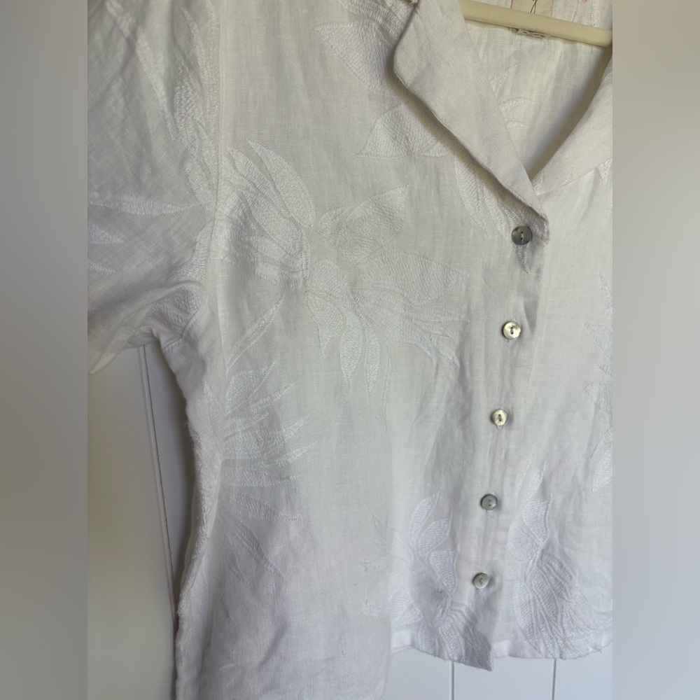 Joie 100% Linen Floral Embroidery White Short Sleeve Button Down Top Large - Picture 6 of 7